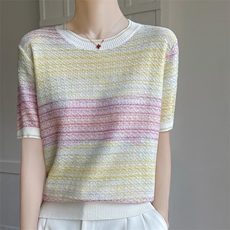 莱赛尔渐变条纹针织短袖T恤女2025夏透气宽松显瘦打底小衫t恤上衣，女装T恤，雪真羊绒