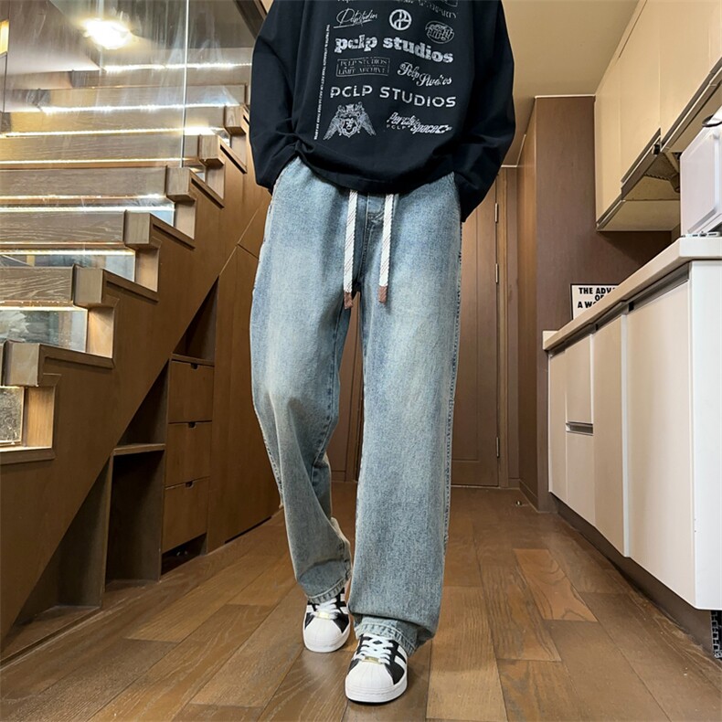 春季直筒牛仔裤男美式高街宽松垂感vibe阔腿水洗休闲裤J8097-P50,男装牛仔裤,星座509