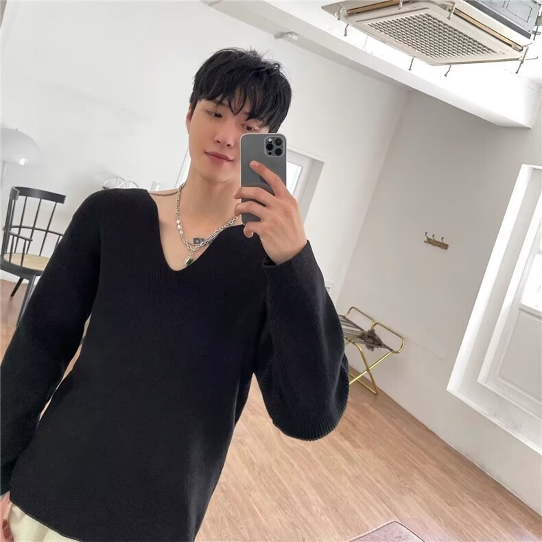 Z108-P46法式大v领针织衫高级感宽松长袖卫衣男模穿搭艺术生,男装针织衫/毛衣,电商B323A