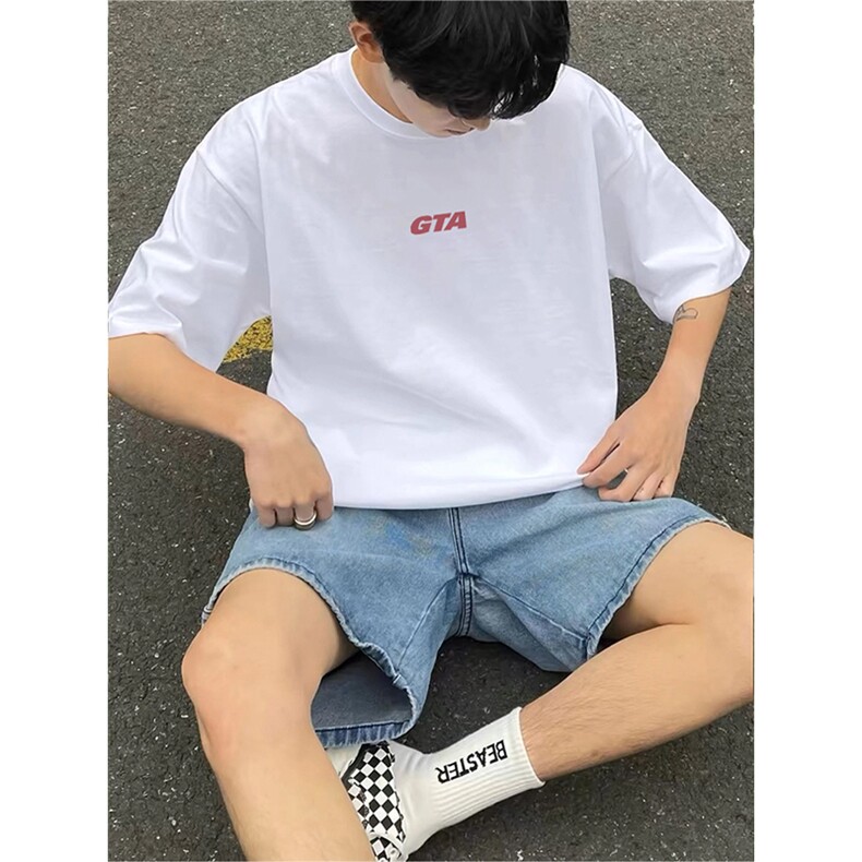 抖音得物供货210克现货宽松纯棉美式潮牌印花落肩袖纯棉T恤AT2125,男装T恤,电商A443