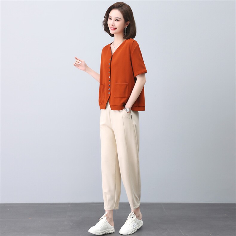 休闲套装女夏2023年新款时尚洋气V领衬衫年轻妈妈气质减龄两件套,女装套装/套裙,忆绮罗