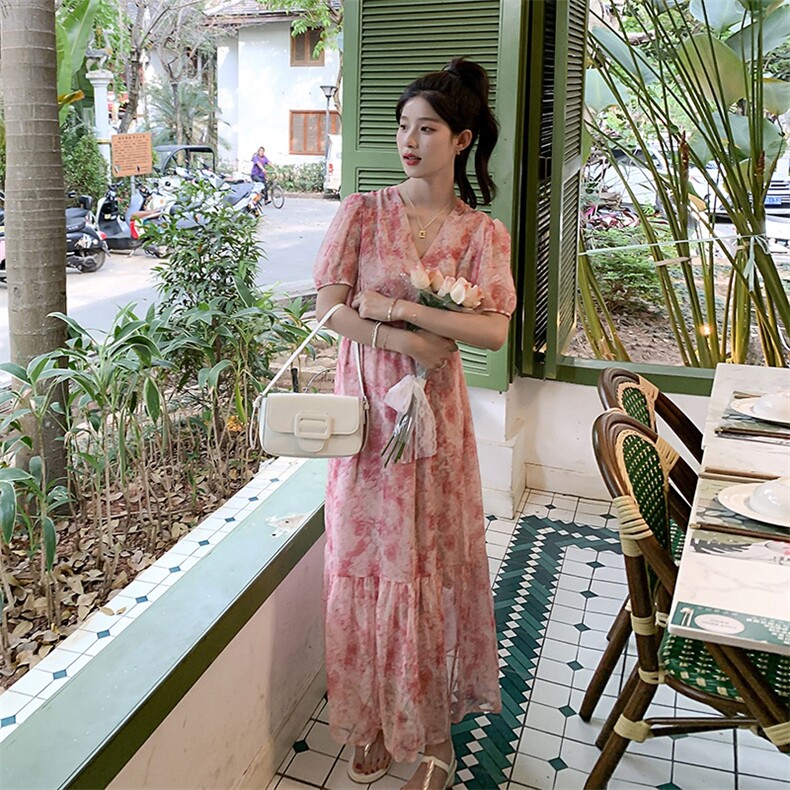 【现货】主推度假风印花长裙夏新款雪纺V领短袖长款裙子女图片