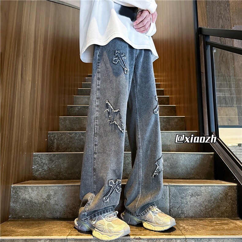XZ616秋季新款刺绣毛边闪电十字架休闲牛仔裤TY1076特P65控78,男装牛仔裤,星座512A（原616）