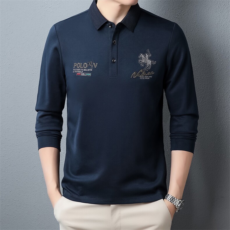 新款长袖t恤印花男秋季商务休闲宽松翻领Polo衫中年爸爸装上衣衫图片