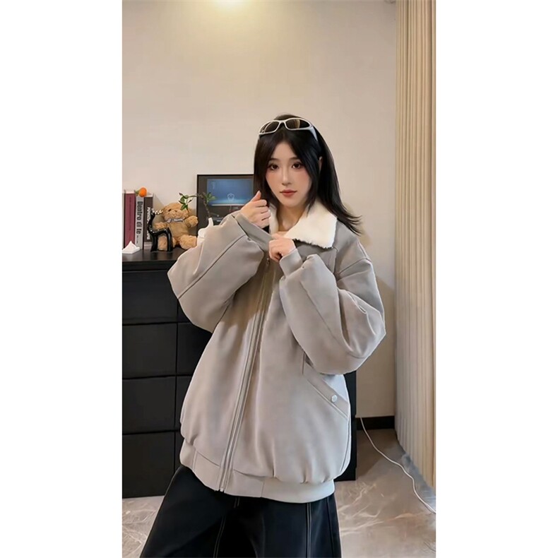 现货重磅硬挺boxy羽绒棉衣座山雕羊羔毛领洗水麂皮棉服冬外套,男装棉衣,电商A486-1
