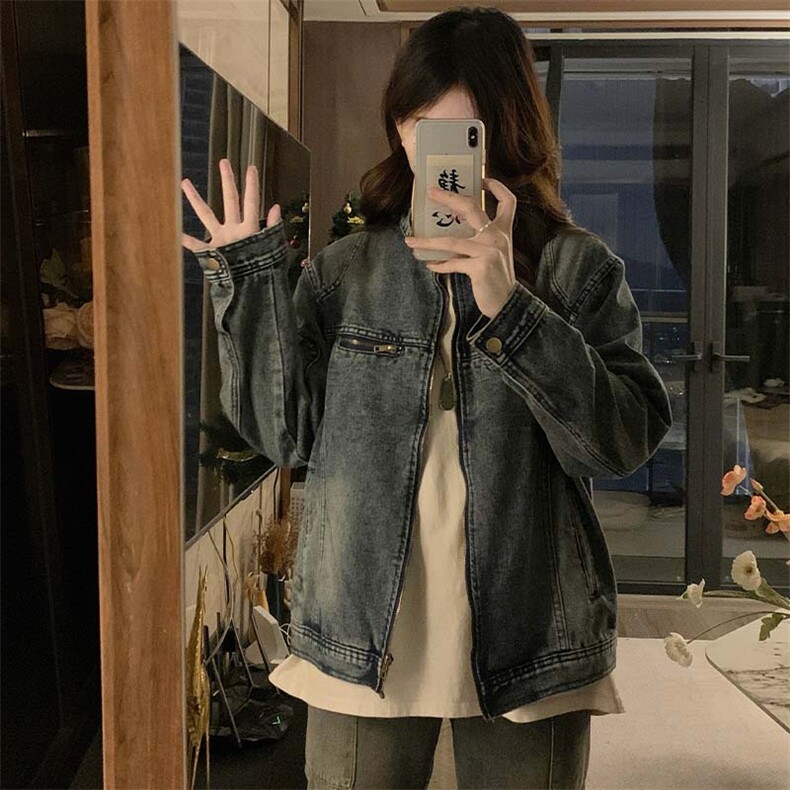 美式复古做旧水洗牛仔外套女2025春秋拉链宽松工装夹克潮C747-88,男装工装外套,星座911-2(原星座613-2）