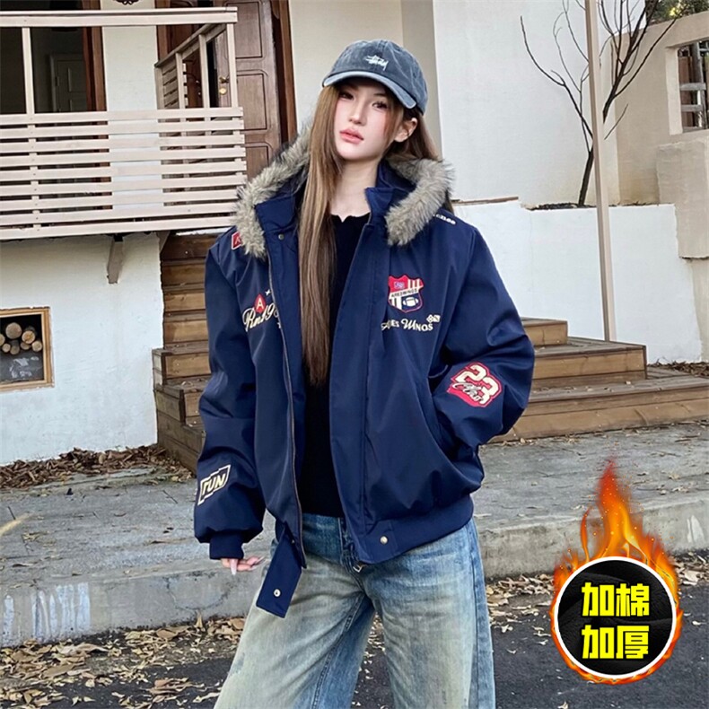 现货高品质美式高街重磅刺绣座山雕大毛毛领棉衣男女加厚棉服外套，男装棉衣，电商A486-1