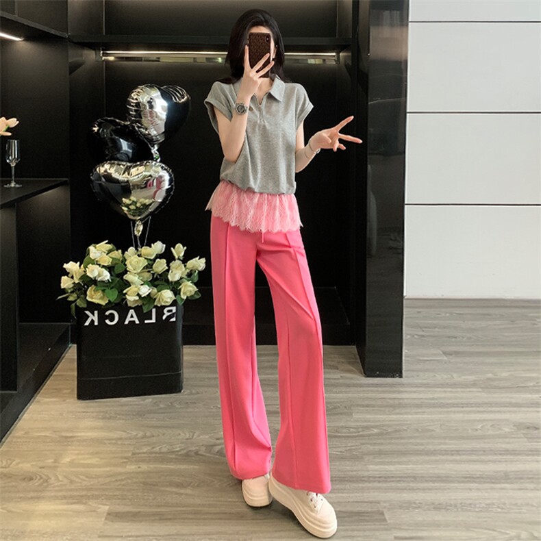 盐系炸街时尚休闲运动套装女夏季新款蕾丝拼接短袖阔腿长裤两件套,女装套装/套裙,江南
