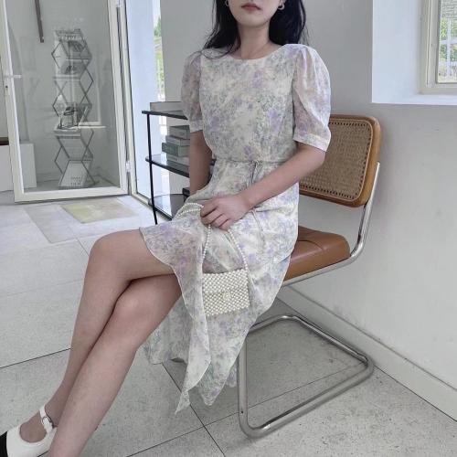 真丝皱雪纺飘逸水印印花显瘦收腰连衣裙,女装连衣裙,欧尼蒂