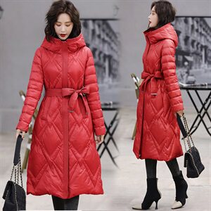 中长款系带羽绒服女2023冬季新款韩版连帽长袖保暖修身中长款外套，女装羽绒服，素月