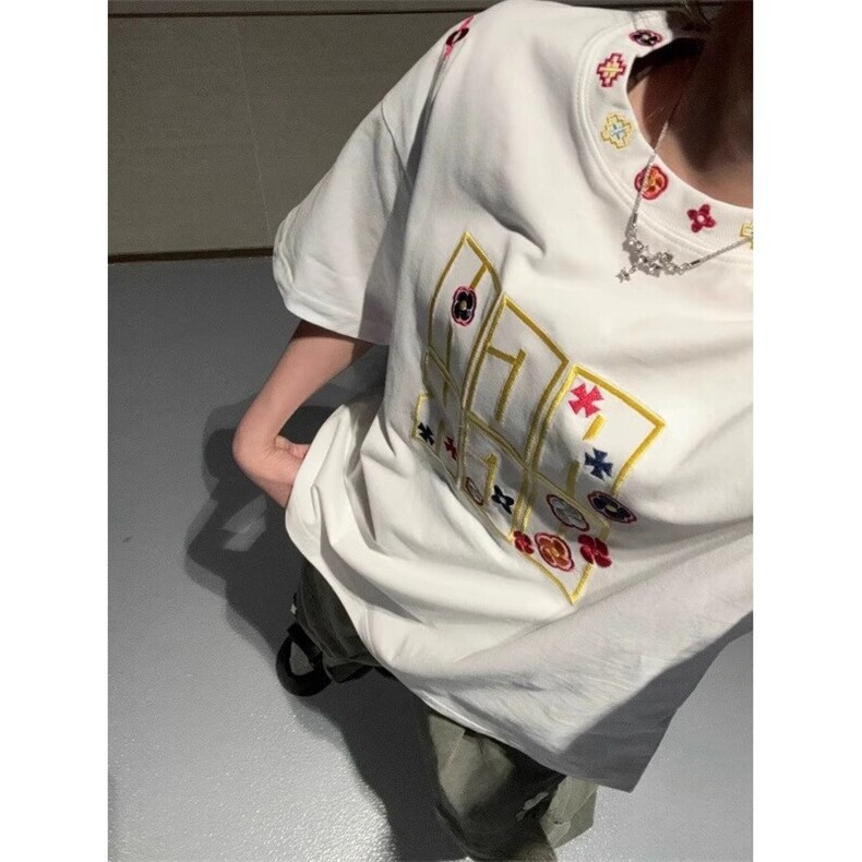 万针全刺绣工艺抖音得物高品质260克重磅纯棉双纱美式高街短袖T恤,男装T恤,电商A486