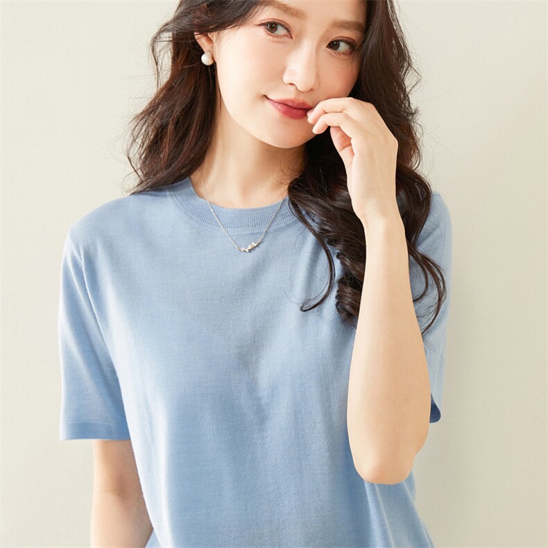 2025年夏季不连帽常规短袖纯色夏季修身型圆领时尚百搭短袖,女装T恤,汇硕羊绒