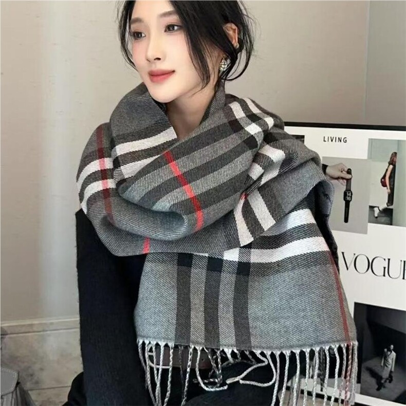 秋冬季时尚美拉德法式复古格纹双面围巾围脖优雅百搭温暖舒适，围巾，鑫友供货