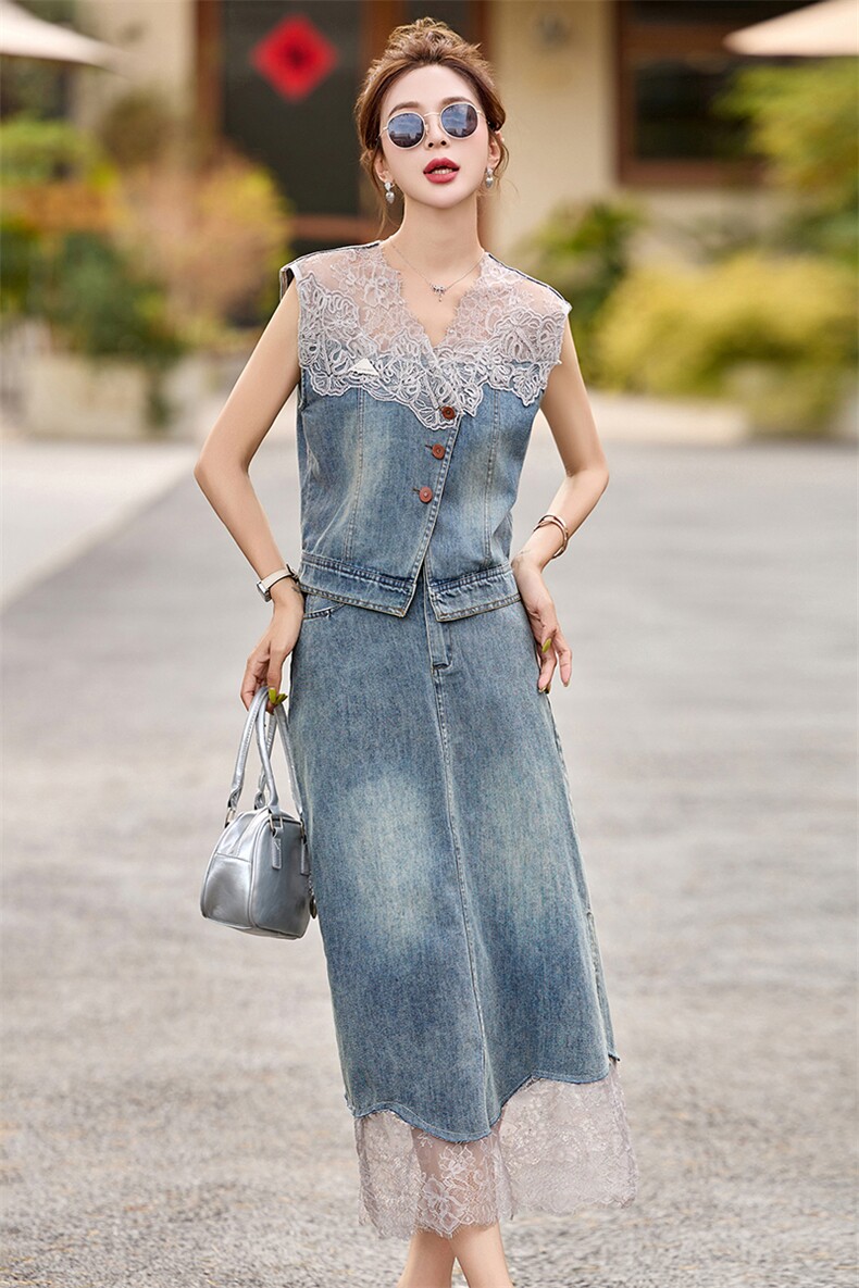 牛仔套装裙2025夏季新款气质女神范高端绝美小香风蕾丝一整套穿搭,女装套装/套裙,布芭啦