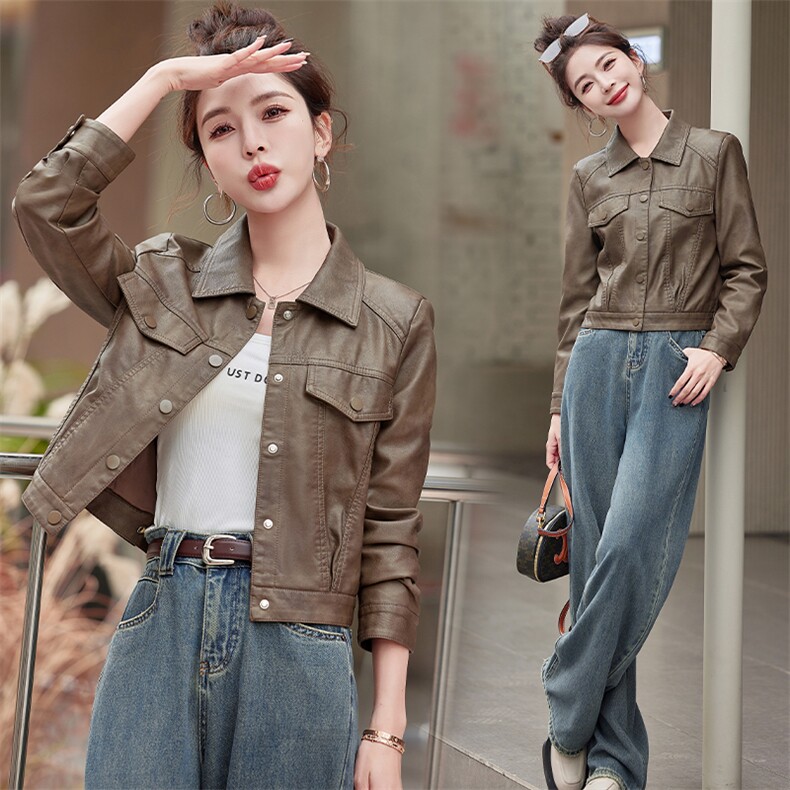 复古皮衣女短款时尚小个子春秋新款2025水洗机车服皮夹克上衣外套图片