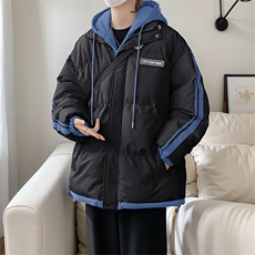 棉衣男冬季新款港风大码宽松休闲连帽假两件加厚棉服MF8587-P88，男装棉衣，星座214-3