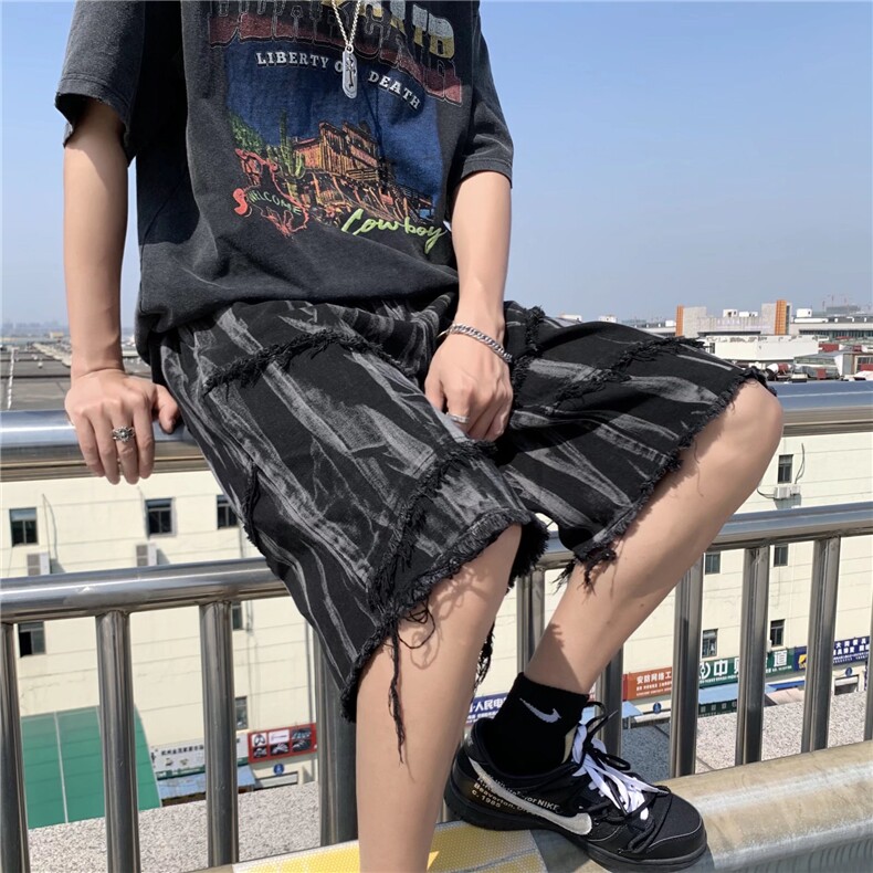 ins欧美高街暗黑扎染印花毛边牛仔短裤潮Z20P38,男装牛仔裤,星座1116-2