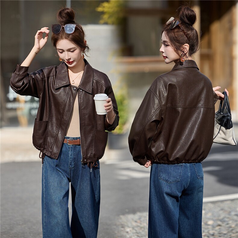 黄色可盐可甜减龄好看皮衣夹克上衣女春新款小个子休闲显瘦短外套，女装皮衣，江南女神