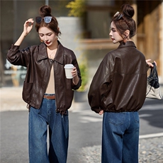 黄色可盐可甜减龄好看皮衣夹克上衣女春新款小个子休闲显瘦短外套，女装皮衣，江南女神