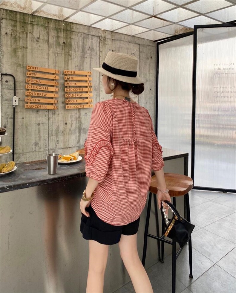 【现货】夏季新款格子花边七分袖时尚休闲薄款上衣，女装，微迪菲