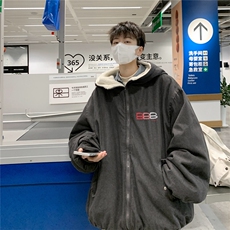港风男暗黑水洗做旧美式牛仔羊羔毛棉衣加绒外套B210-MY125，男装棉衣，电商B210