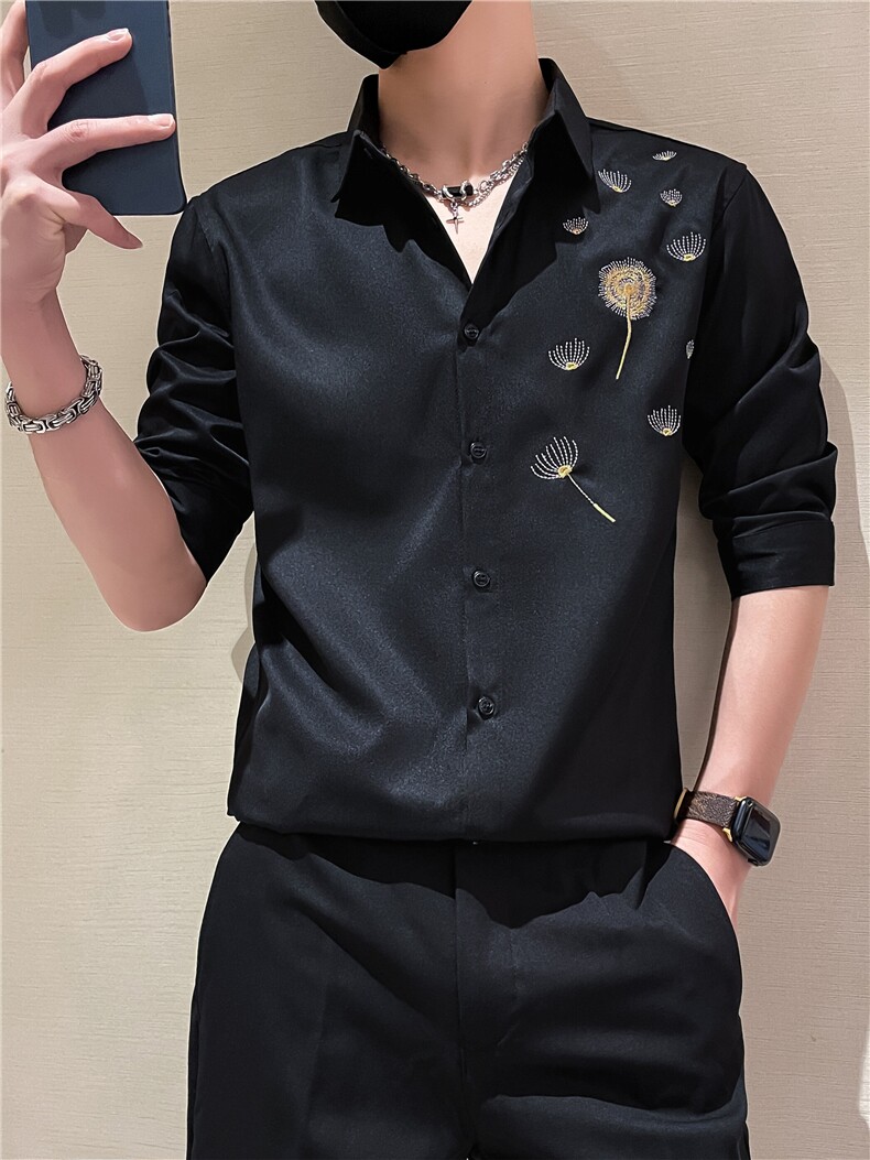 2025夏季男士新款绣花七分袖衬衫男韩版修身衬衣301A-1/CS411/P55,男装衬衫,星座301A-1