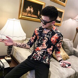 312A-901-P50 新款社会小伙修身中袖衬衫英伦潮州五分袖衬衣图片