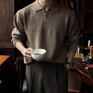 半高领拉链针织衫男美式复古宽松落肩长袖t恤慵懒风套头毛衣外套图片