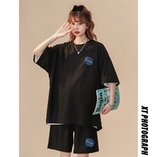 中性夏季时尚冰丝华夫格宽松运动风T恤情侣套装TZ851P50控68，女装运动套装，A247A