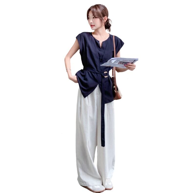 藏青色衬衫阔腿裤套装女夏2025新款盐系轻熟两件套小众不撞款流行,女装套装/套裙,2C259