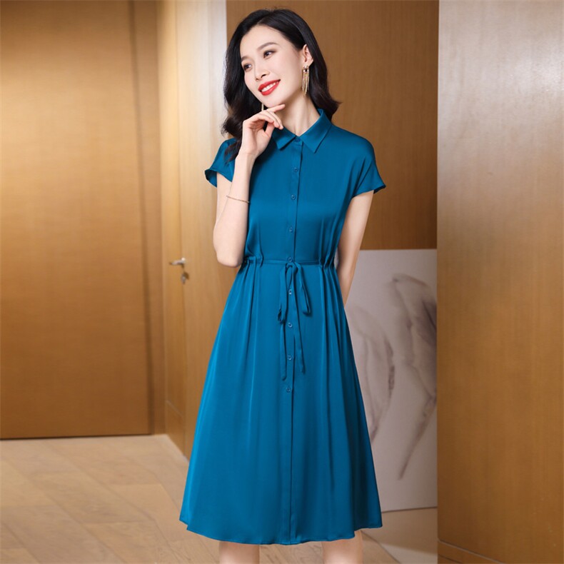 桑蚕丝优雅复古真丝连衣裙修身显瘦抽绳系带设计高端品质舒适透气时尚百搭，女装连衣裙，阿舍尔精品