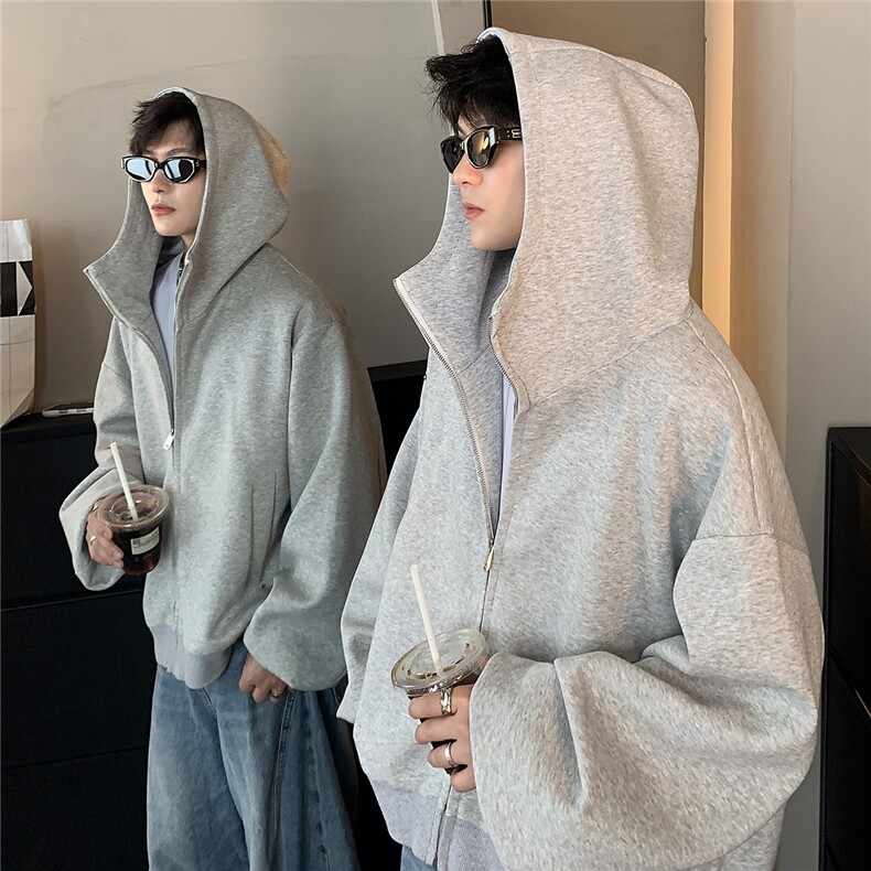 420克春秋美式重磅廓形连帽卫衣男短款韩版休闲开衫外套图片