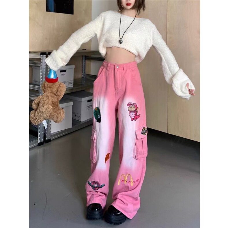 趣味卡通刺绣工装牛仔裤女春秋甜妹穿搭宽松显瘦拖地阔腿直筒长裤图片