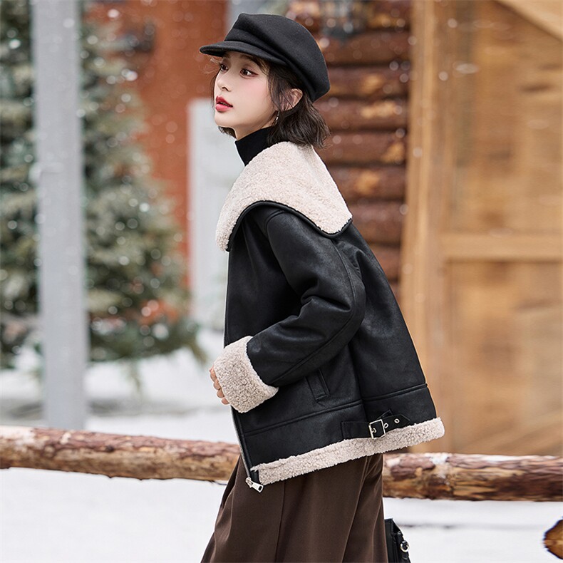 2024冬新款海军大翻领短仿羊羔毛皮毛一体加绒加厚外套韩系，女装羊羔毛/颗粒绒，江南女神