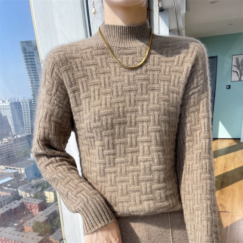 2025秋冬半高领提花100%羊毛衫女加厚席编针织毛衣长袖宽松羊绒衫,女装羊毛衫,斯尔特羊绒