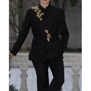 春秋新中式重工刺绣玉兰花中山装西服外套男复古痞帅西服套装潮图片