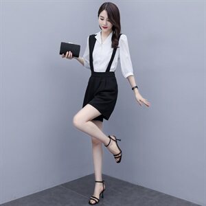 2021夏款新款西装领灯笼袖衬衫+高腰阔腿裤背带裤套装图片