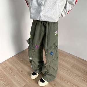 高质量工装休闲裤男女美式刺绣花朵大口袋2025夏ins长裤K6167-P77图片
