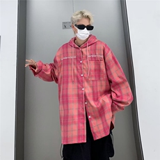 复古宽松玫红色格子开衫潮设计感小众连帽外套C4529P45，男装衬衫，星座1116-2