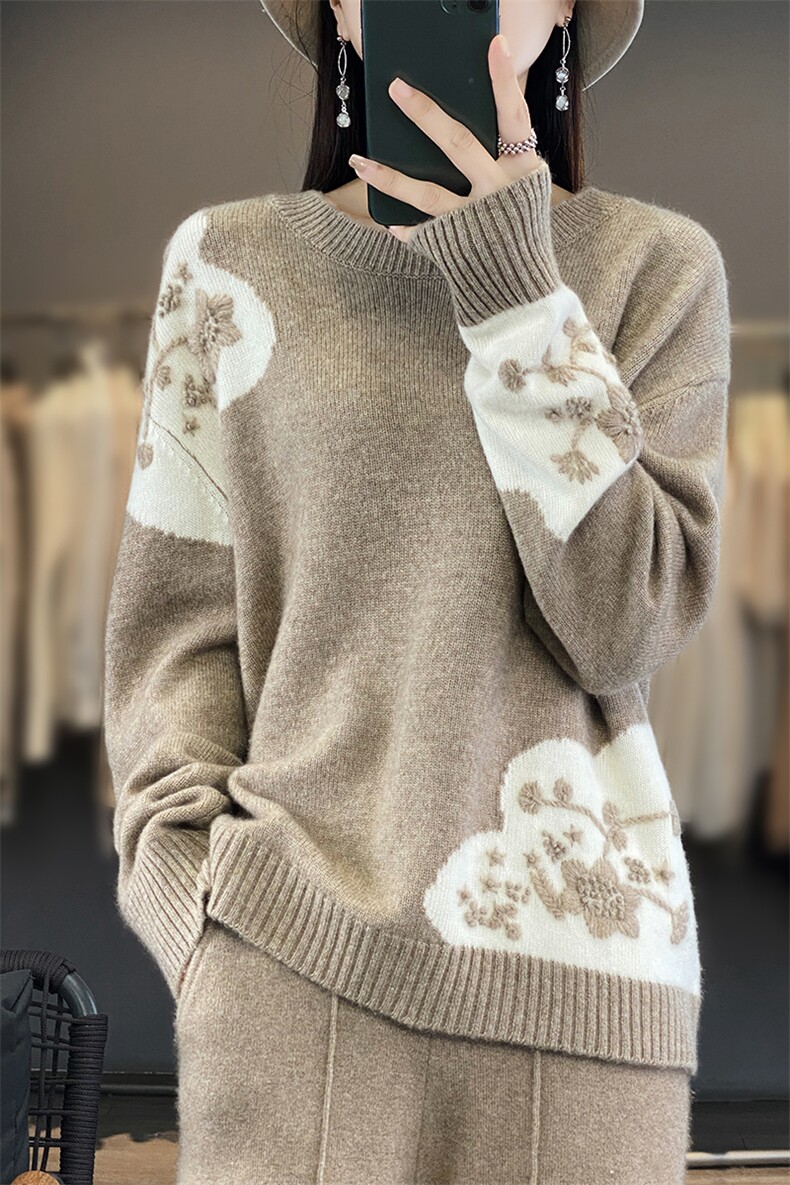 时尚百搭秋冬新款羊毛刺绣毛衣显瘦修身保暖针织衫,女装羊毛衫,科源羊绒