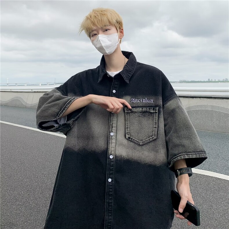 美式潮牌渐变牛仔衬衫男短袖夏季休闲宽松vibe五分袖衬衣S982-P58,男装衬衫,星座1008