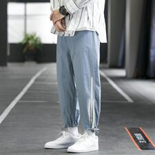 新款休闲裤男侧边条纹韩版潮流抽绳束脚运动裤宽松男裤DS876T，男装休闲裤，电商A102