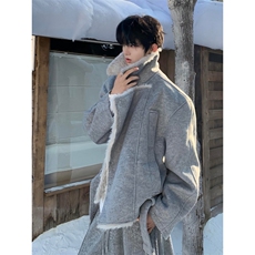 杏色座山雕双排扣毛领棉服男秋冬季美式潮牌高街加绒加厚毛呢外套，男装棉衣，星座506A