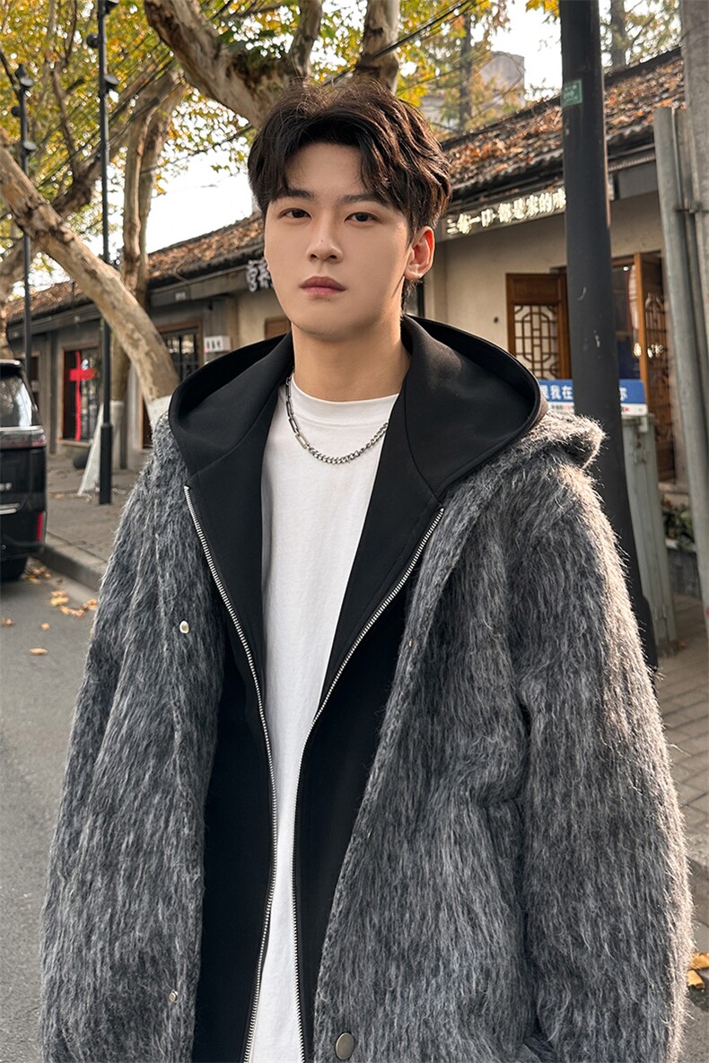 纯色假两件休闲毛呢拉链连帽夹克男外套A071-5018-P128,男装夹克,电商A071