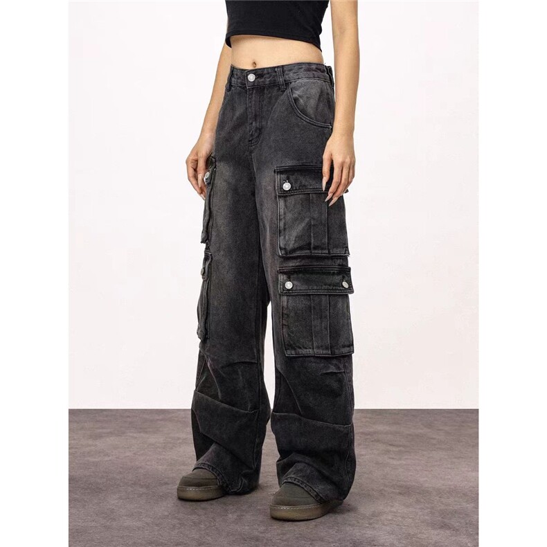 美式复古水洗黑色直筒牛仔裤男女口袋休闲工装牛仔裤-网图，女装牛仔裤，星座302B-2