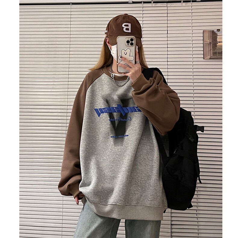 中性秋装360高克重印花拼接长袖卫衣宽松套头外套女H811P58,男装卫衣,电商A341