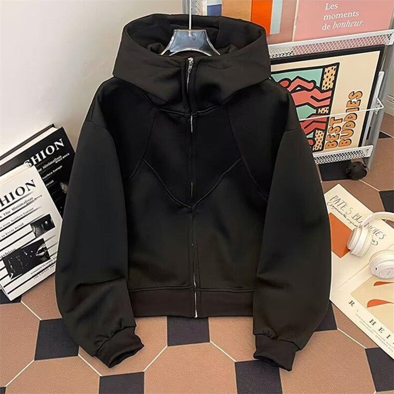 抖音得物高品质二开26春装美式高街重磅结构高领连帽卫衣外套W62,女装短外套,电商A486