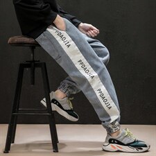 2021秋季新款日系大码男字母印花拼接束脚九分牛仔裤长裤K598-P45，男装牛仔裤，电商A001