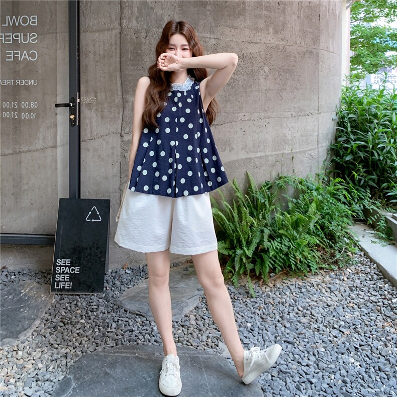 韩系少女波点无袖上衣阔腿短裤套装女2025夏新款小个子休闲两件套,女装套装/套裙,2C203