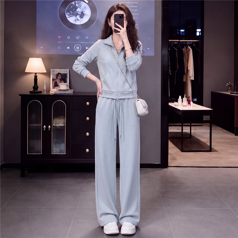 高级感时尚休闲运动服套装女春秋新款立领长袖卫衣阔腿长裤两件套,女装套装/套裙,江南